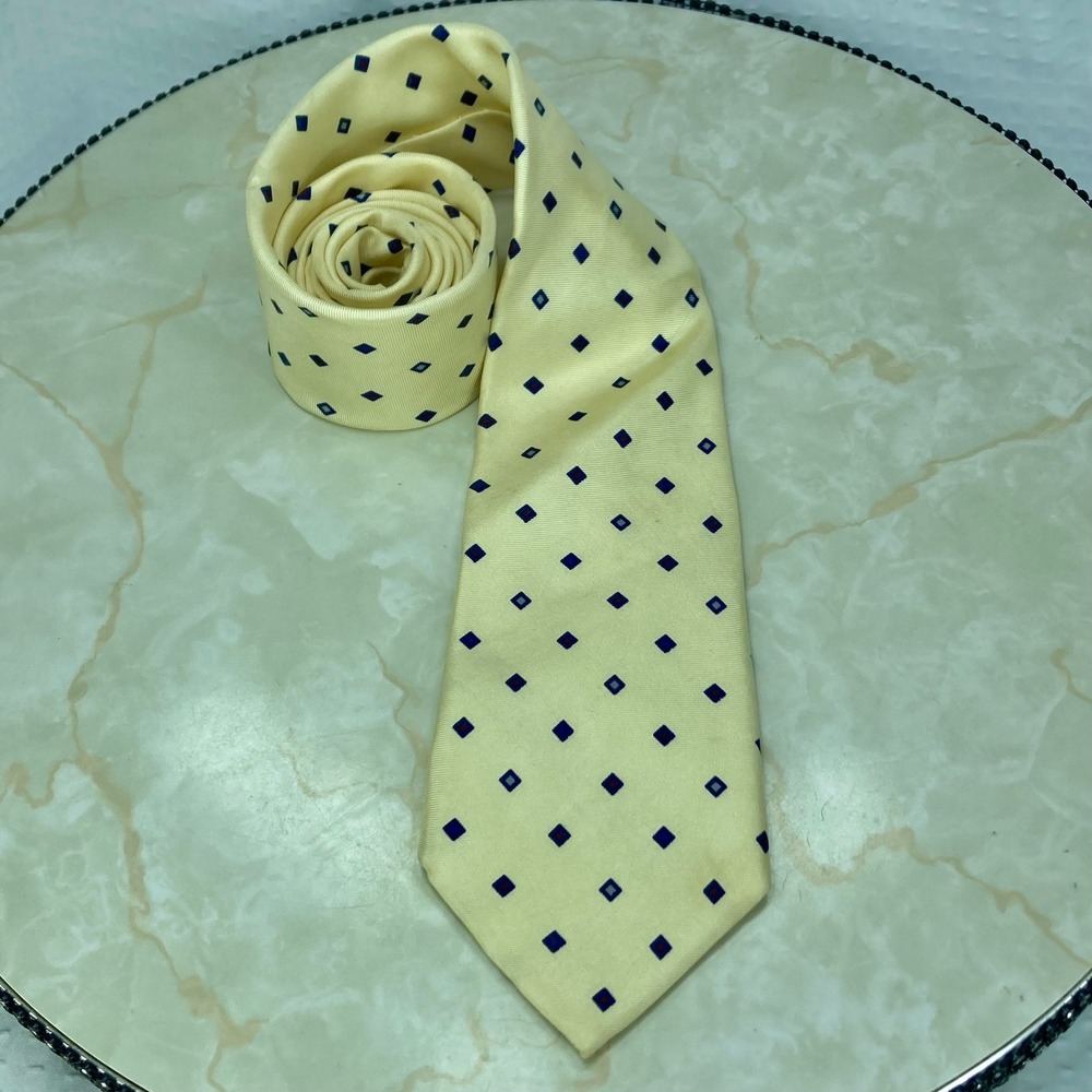 Yves Saint Laurent Silk Necktie Mens OS Yellow Navy Geometric Diamond Business